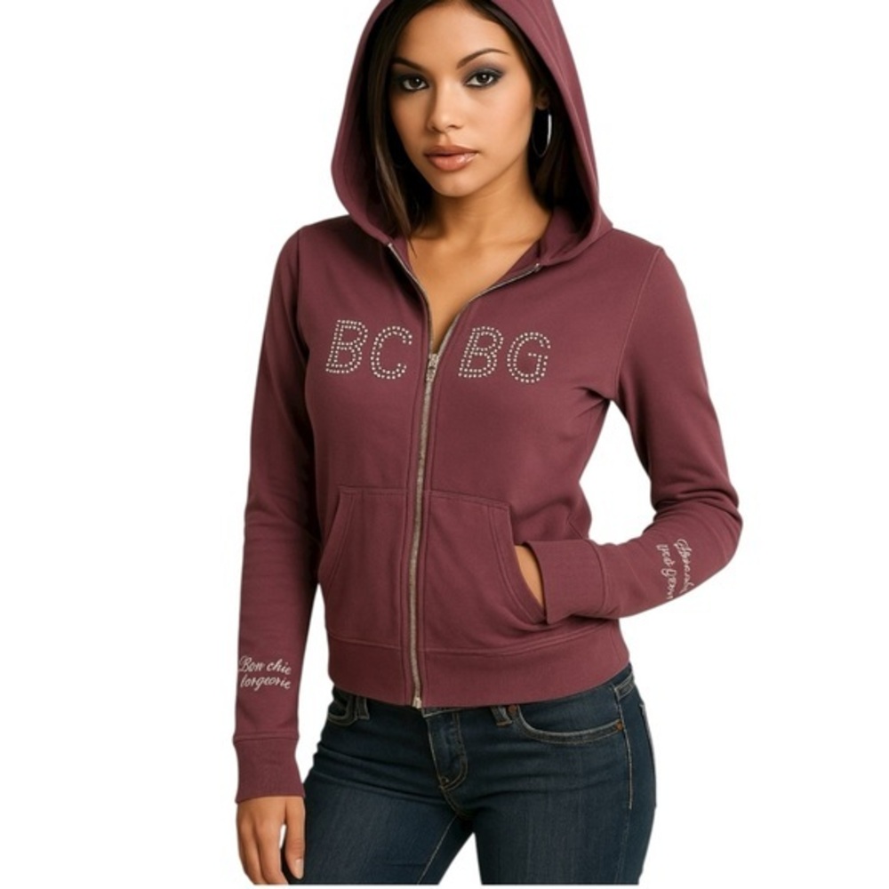 BCBGMAXAZRIA Purple Logo Zip Up Hoodie Sweatshirt Sz M Y2K Rhinestone Bling Vtg